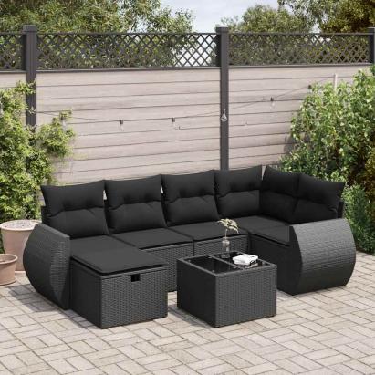 Set canapele de grădină cu perne, 7 piese, negru, poliratan GartenMobel Dekor