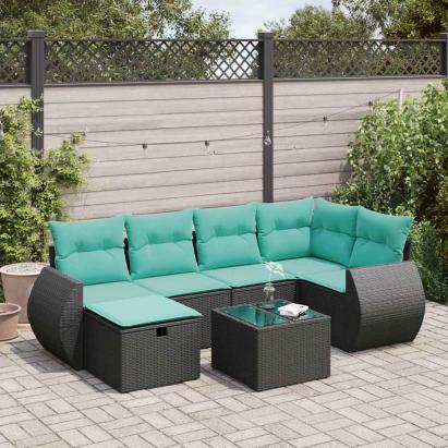 Set canapele de grădină cu perne, 7 piese, negru, poliratan GartenMobel Dekor