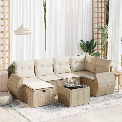 Set canapele de grădină, 7 piese, cu perne, bej, poliratan GartenMobel Dekor