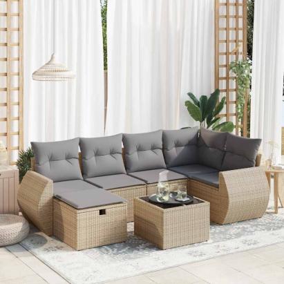 Set canapele de grădină, 7 piese, cu perne, bej, poliratan GartenMobel Dekor
