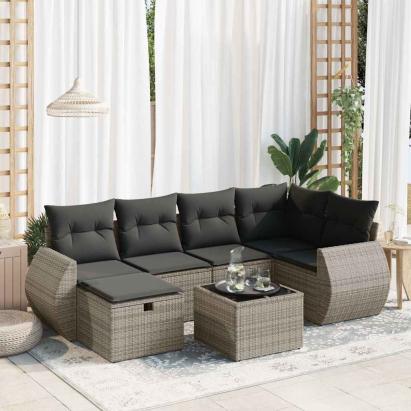 Set canapele de grădină, 7 piese, cu perne, gri, poliratan GartenMobel Dekor