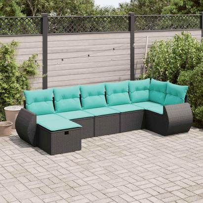 Set canapele de grădină cu perne, 7 piese, negru, poliratan GartenMobel Dekor