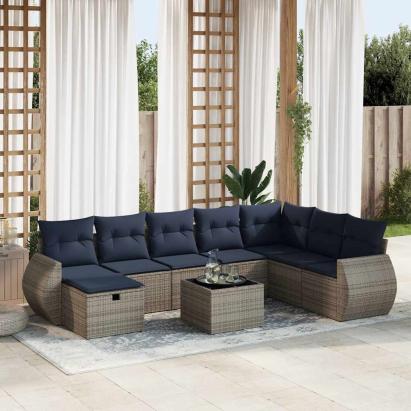Set canapele de grădină, 9 piese, cu perne, gri, poliratan GartenMobel Dekor