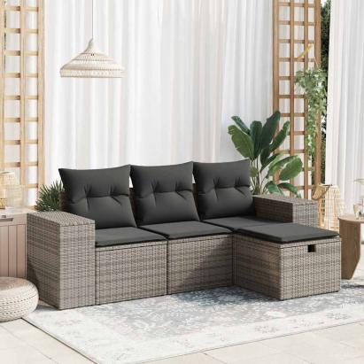 Set canapea de grădină cu perne, 4 piese, gri, poliratan GartenMobel Dekor