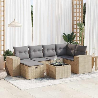 Set canapele de grădină, 7 piese, cu perne, bej, poliratan GartenMobel Dekor