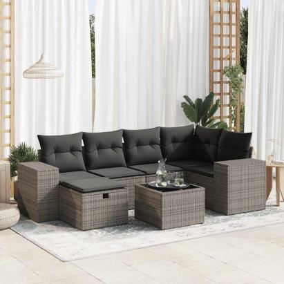 Set canapele de grădină, 7 piese, cu perne, gri, poliratan GartenMobel Dekor