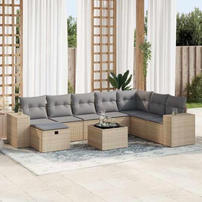 Set canapele de grădină, 9 piese, cu perne, bej, poliratan GartenMobel Dekor