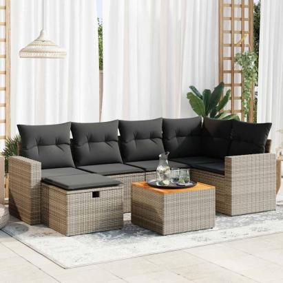 Set canapele de grădină, 7 piese, cu perne, gri, poliratan GartenMobel Dekor