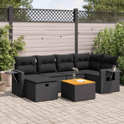 Set canapele de grădină cu perne, 7 piese, negru, poliratan GartenMobel Dekor
