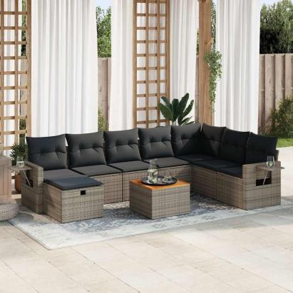 Set canapele de grădină, 9 piese, cu perne, gri, poliratan GartenMobel Dekor