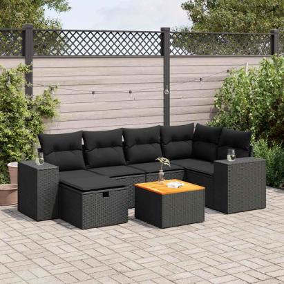 Set canapele de grădină cu perne, 7 piese, negru, poliratan GartenMobel Dekor