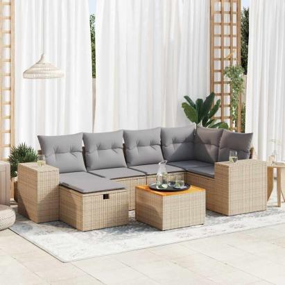Set canapele de grădină, 7 piese, cu perne, bej, poliratan GartenMobel Dekor