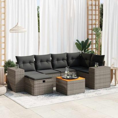 Set canapele de grădină, 7 piese, cu perne, gri, poliratan GartenMobel Dekor