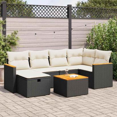 Set canapele de grădină cu perne, 7 piese, negru, poliratan GartenMobel Dekor