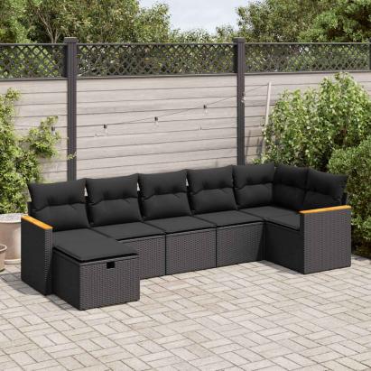 Set canapele de grădină cu perne, 7 piese, negru, poliratan GartenMobel Dekor