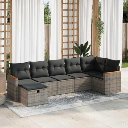 Set canapele de grădină, 7 piese, cu perne, gri, poliratan GartenMobel Dekor