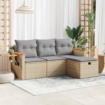 Set canapele de grădină, 4 piese, cu perne, bej, poliratan GartenMobel Dekor