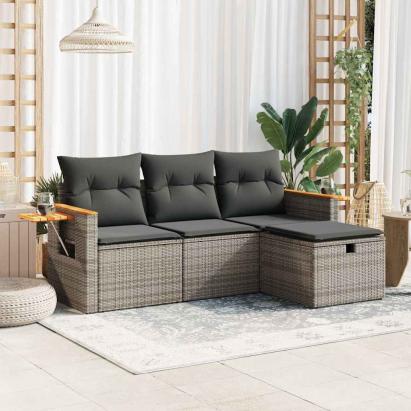 Set canapea de grădină cu perne, 4 piese, gri, poliratan GartenMobel Dekor