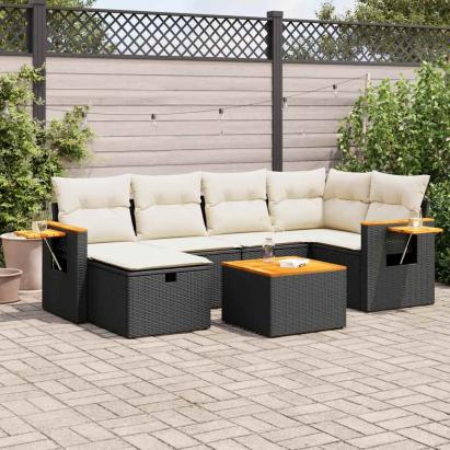 Set canapele de grădină cu perne, 7 piese, negru, poliratan GartenMobel Dekor