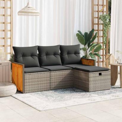 Set canapea de grădină cu perne, 4 piese, gri, poliratan GartenMobel Dekor