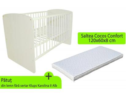 Pătuț bebe Klups Karolina II alb cu saltea cocos Confort 120x60x8 cm