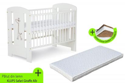 Pătuț bebe KLUPS Safari Giraffe alb din lemn cu saltea cocos 120x60