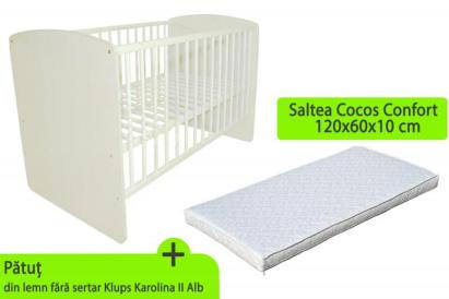 Pătuț bebe KLUPS Karolina II alb cu saltea cocos 120x60x10 cm