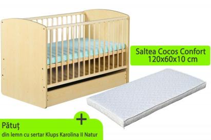 Pătuț bebe KLUPS Karolina II Natur cu sertar și saltea cocos 120x60 cm