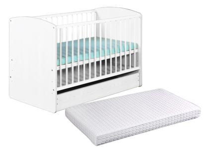 Pătuț bebe KLUPS Karolina II alb cu sertar și saltea cocos 10 cm