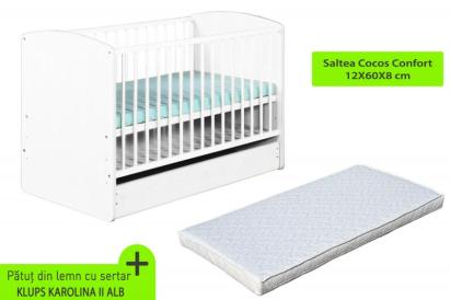 Pătuț bebe KLUPS Karolina II alb cu sertar și saltea cocos 120x60