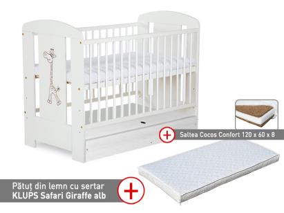 Pătuț bebe KLUPS Safari Giraffe alb cu sertar și saltea cocos 120x60