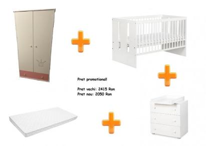 Set mobilier camera bebelusi Klups Korona Paula alb-roz cu saltea