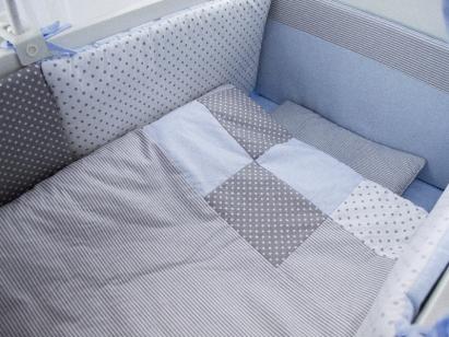 Lenjerie pentru patut bebe MyKids Dots Blue-Grey, 11 piese, 120x60 cm