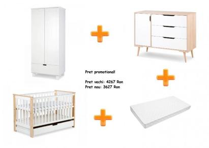 Set mobilier camera bebe Klups IWO alb natur cu patut, dulap si saltea