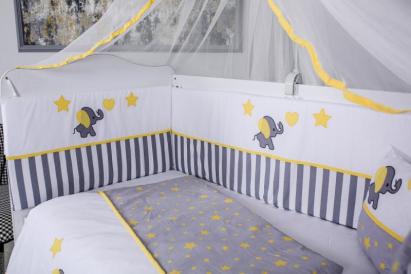 Lenjerie pentru patut bebe MyKids Elephant 9 piese gri-galben 120x60 cm