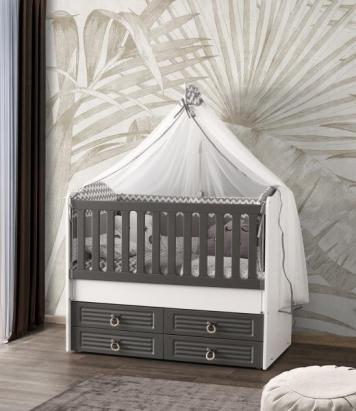 Pătuț bebe MyKids Olivia alb gri 130x70 cu legănare și laterală culisabilă