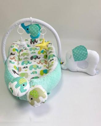 Babynest pentru bebelusi MyKids Elephant Blue cu arcada si pernuta