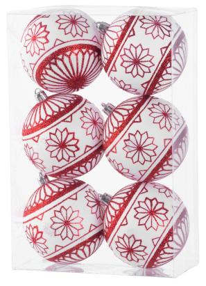 Set 6 globuri pentru brad rosu-alb cu sclipici, 8 cm, MagicHome
