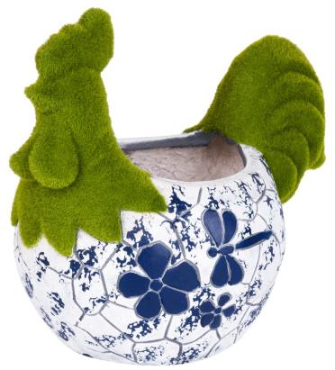 Dekorácia MagicHome, Kohútik s kvetináčom, modrý ornament, keramika, 34,5x24x30,5 cm