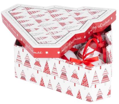 Globuri de Craciun rosu-alb cu model brad, 7,5 cm, set 6 buc