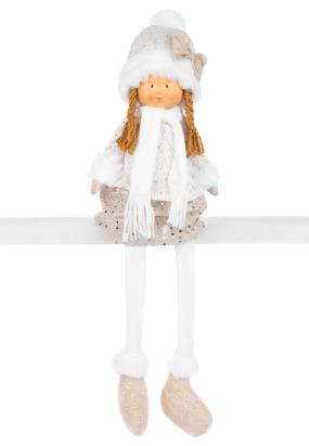 Figurina decorativa fetita de Craciun cu picioare lungi, alb-auriu, 45 cm