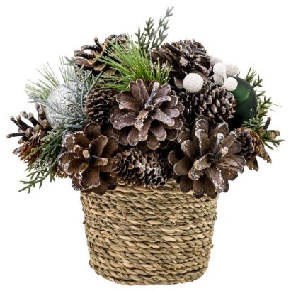 Ikebana decorativă de Crăciun naturală cu globuri verzi, 19x19 cm