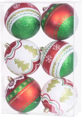 Set 6 globuri pentru brad MagicHome, rosu-verde, cu decor, 8 cm