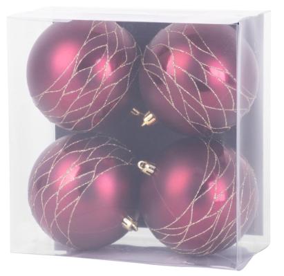 Set 4 globuri de Craciun bordo mate cu decor, pentru brad, 10 cm