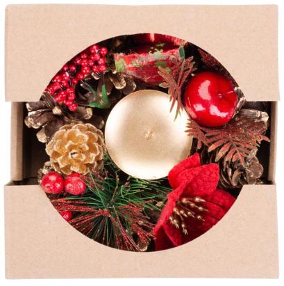 Suport lumânare decorativ de Crăciun cu cetină și floare, 15 cm