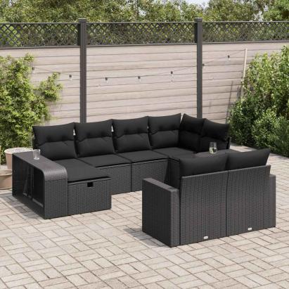Set canapele de grădină cu perne, 10 piese, negru, poliratan GartenMobel Dekor
