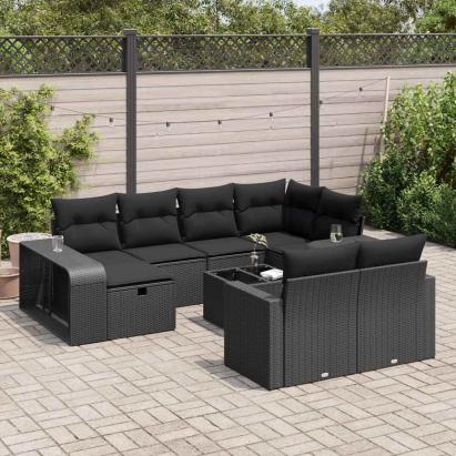 Set canapele de grădină cu perne, 11 piese, negru, poliratan GartenMobel Dekor