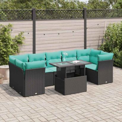Set mobilier grădină perne 8 piese negru, poliratan/lemn acacia GartenMobel Dekor