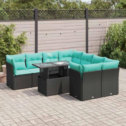 Set mobilier grădină perne 9 piese negru poliratan/lemn acacia GartenMobel Dekor