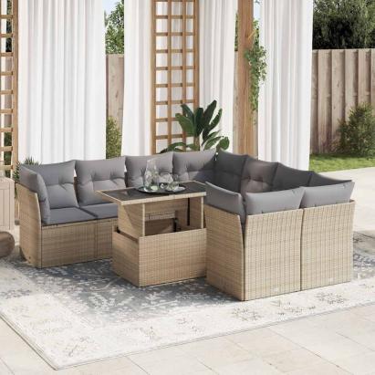 Set canapele de grădină, 9 piese, cu perne, bej, poliratan GartenMobel Dekor